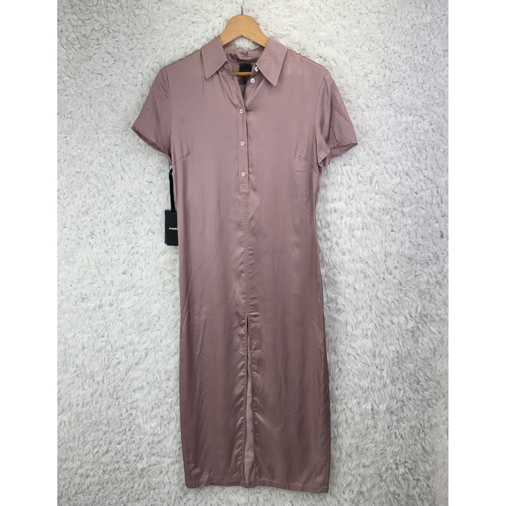 Pinko Satin Shirt Dress 4 Pink Midi Short Sleeve Quiet Luxury Minimalist Chic